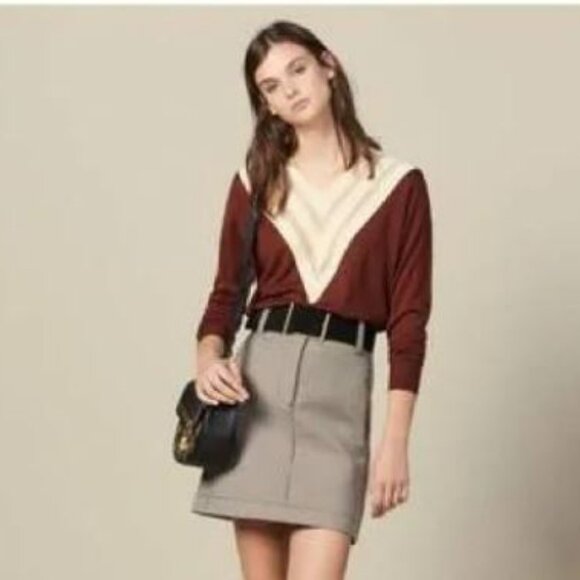 NWT New Sandro V-Neck Colorblock Chevron Mesh Insert Sweater Size S - Picture 1 of 11